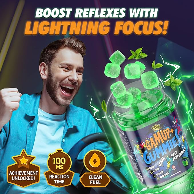 Energy and Focus Gummies - Natural Caffeine Nootropics Supplement - Brain, Eye, and Bone Complex - Sugar-Free Peppermint - for Gamers, Workers, and Active Lifestyles - 60 Gummies