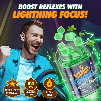 Energy and Focus Gummies - Natural Caffeine Nootropics Supplement - Brain, Eye, and Bone Complex - Sugar-Free Peppermint - for Gamers, Workers, and Active Lifestyles - 60 Gummies