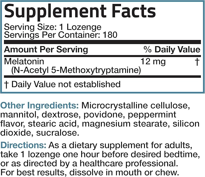 Bronson Melatonin 12mg Fast Dissolve Nighttime Sleep Aid Support & Relaxation Support, 180 Peppermint Vegetarian Lozenges