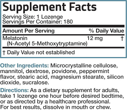 Bronson Melatonin 12mg Fast Dissolve Nighttime Sleep Aid Support & Relaxation Support, 180 Peppermint Vegetarian Lozenges