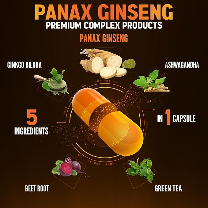 Zolotus Korean Red Panax Ginseng + Ginkgo Biloba, Ashwagandha, Beetroot, Green Tea - 120 Capsules for 2 Month Supply