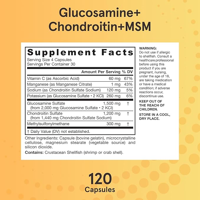 Jarrow Formulas® Glucosamine + Chondroitin + MSM Capsules, Joint Support Supplement with Vitamin C and Manganese, 30 Capsules, 120 Day Supply