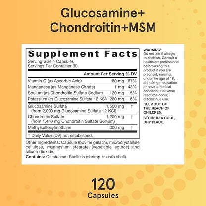 Jarrow Formulas® Glucosamine + Chondroitin + MSM Capsules, Joint Support Supplement with Vitamin C and Manganese, 30 Capsules, 120 Day Supply