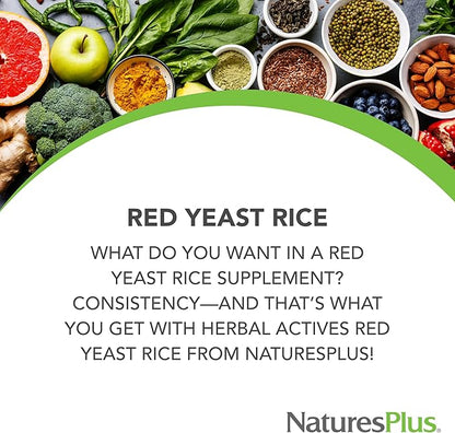 Natures Plus Herbal Actives Red Yeast Rice - 1200 mg, 120 Vegan Capsules - Vegetarian, Gluten-Free - 60 Servings