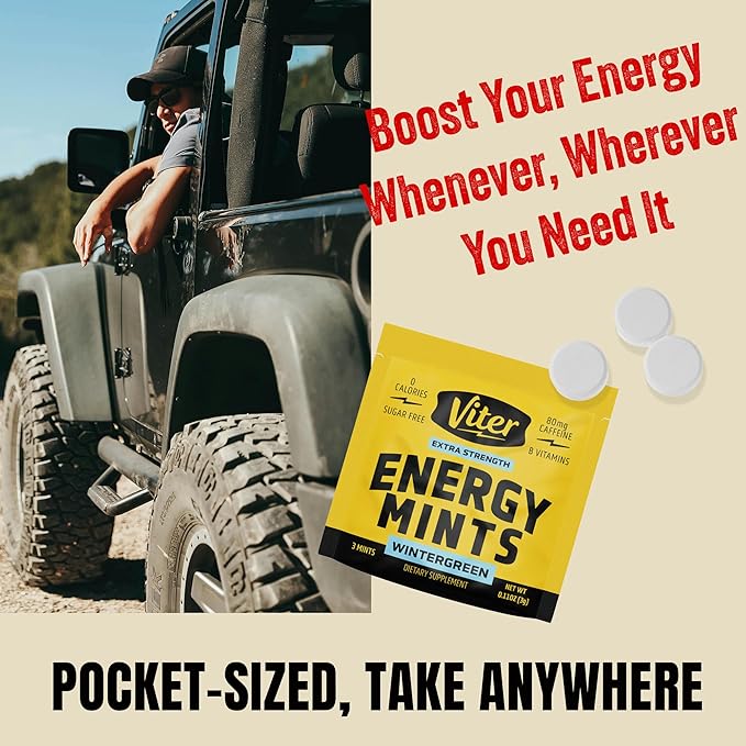 Viter Energy Caffeine Mints 80mg Extra Strength - 90 Pieces Caffeinated with B Vitamins. Sugar Free Vegan Breath Mint. Energize Nootropic Focus Booster for Fast Alertness (Wintergreen Flavor, 30 Pack)