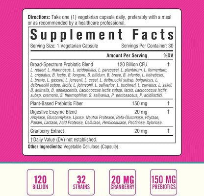 Women's Probiotic, 120 Billion & 32 Strains with Cranberry, Prebiotics & Digestive Enzymes, Gut, Vaginal & Urinary Tract Support, 30 Delayed Release Capsules