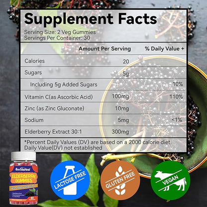 Elderberry Gummies, Elderberry Extract 300mg, with Vitamin C and Zinc, Strawberry Flavor Gummies, Non-GMOs, Gluten Free, Vegan-Friendly, Immune Support, 60 Count (Pack of 2)