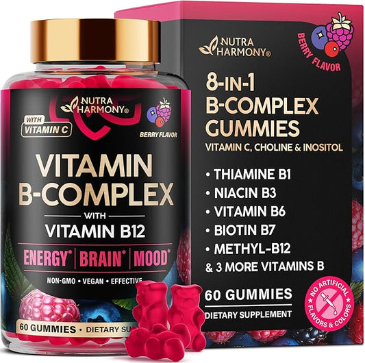 Vitamin B-Complex Gummies for Women & Men - Vitamin B12, B1, B2, B3, B5, B6, B7 & B9 - B Complex with Vitamin C & Choline - Energy, Brain & Mood - Natural Berry Flavor, Vegan - 60 Gummies for 2 Months