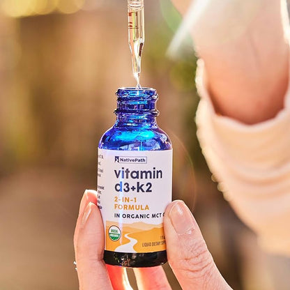 NativePath D3K2 Tincture - 2000IU Vitamin D3 and Vitamin K2 Supplement with Organic MCT Oil - 1 Fluid Ounce - Rapid Bioavailability Multi-Vitamin for Bone Strength and Total Body Wellness, 30 Servings
