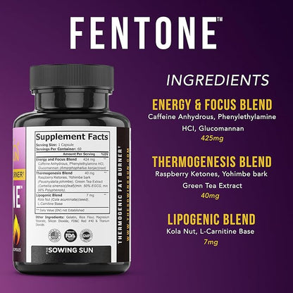 Fentone Thermogenic Fat Burner Energy Booster, Appetite Suppressant, Clinically Studied Weight Loss, Fat Burning, Phenylethylamine HCl, L- Carnitine, Ketones - 60 Diet Pills (1)