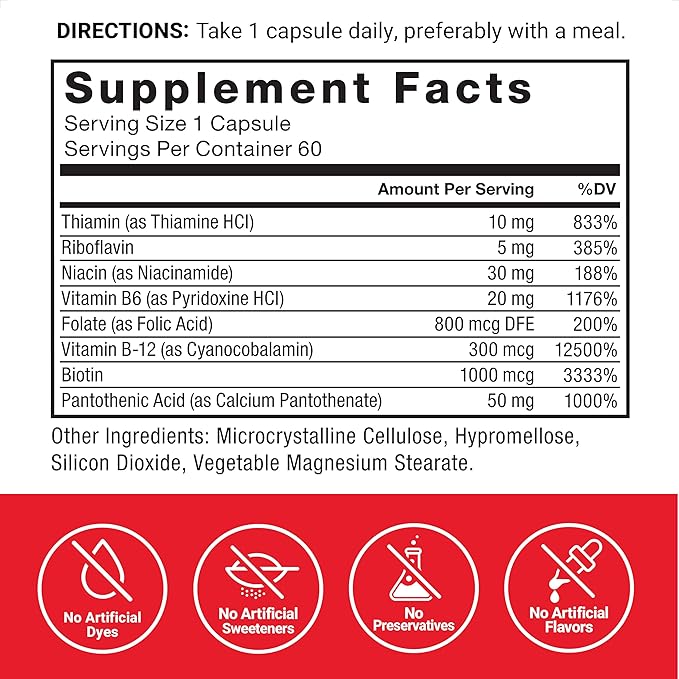 FORCE FACTOR Vitamin B Complex to Support Energy, Vitality, and Heart Health, Includes Vitamin B1, Vitamin B2, Vitamin B3, Vitamin B6, Vitamin B12, and More, Vegan, Non-GMO, 60 Vegetable Capsules