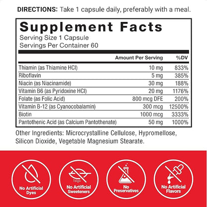 FORCE FACTOR Vitamin B Complex to Support Energy, Vitality, and Heart Health, Includes Vitamin B1, Vitamin B2, Vitamin B3, Vitamin B6, Vitamin B12, and More, Vegan, Non-GMO, 60 Vegetable Capsules
