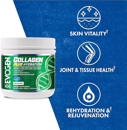 Evogen Collagen Plus Hydration - Grass-Fed Collagen for Women & Men | Collagen Peptides Powder | Collagen Powder Supporting Skin Vitality, Hydration, Joint & Tissue Health | Unflavored | 30 Servings