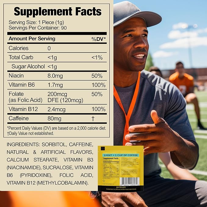 Viter Energy Caffeine Mints 80mg Extra Strength - 90 Pieces Caffeinated with B Vitamins. Sugar Free Vegan Breath Mint. Energize Nootropic Focus Booster for Fast Alertness (Peppermint Flavor, 30 Pack)