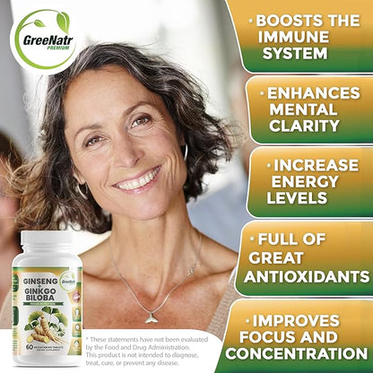 Ginko Biloba & Panax Ginseng Supplement - Red Ginseng Brain Supplement for Memory and Focus - Ginkgo Biloba Supplements for Good Vision, Immune System and Improved Blood Flow - 3 Bottles