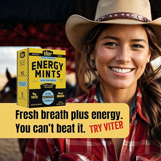 Viter Energy Caffeine Mints 80mg Extra Strength - 90 Pieces Caffeinated with B Vitamins. Sugar Free Vegan Breath Mint. Energize Nootropic Focus Booster for Fast Alertness (Wintergreen Flavor, 30 Pack)