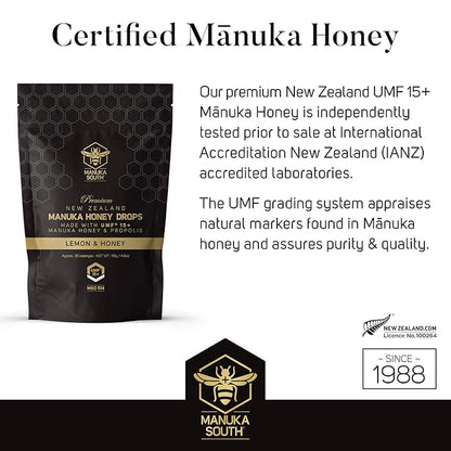 Manuka Honey Drops UMF 15+ / MGO 514+ & Propolis Drops Made in New Zealand – Natural Ingredients – Soothing Drops – Lemon & Honey Flavor - 25 Drops