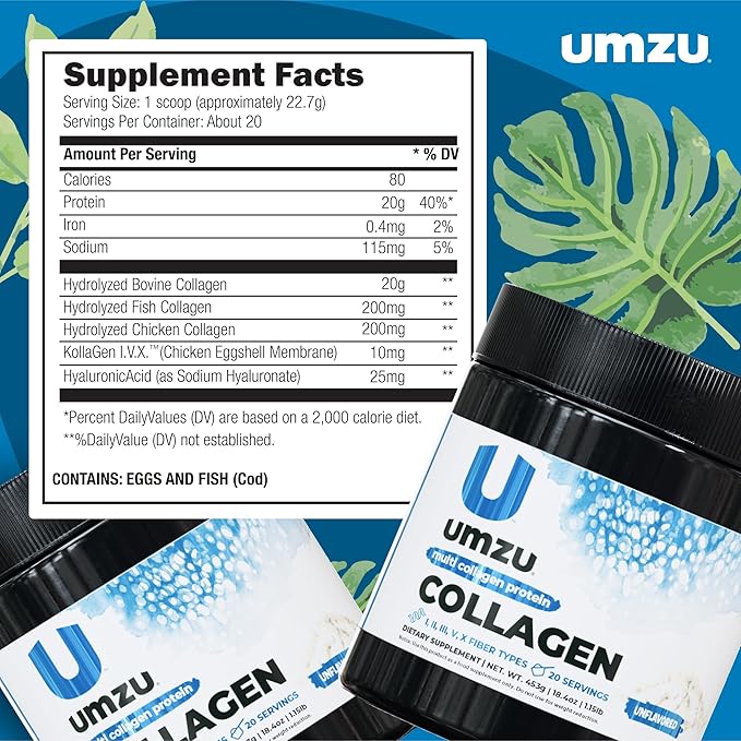 UMZU ZuCollagen Hydrolyzed Protein Powder | 5 Collagen Peptide Types for Healthy Hair, Skin, Nails, Joints & Gut | Low Calorie, High Protein (20g Protein per Serving | Unflavored)