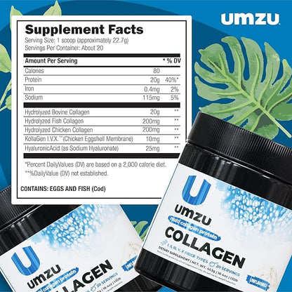 UMZU ZuCollagen Hydrolyzed Protein Powder | 5 Collagen Peptide Types for Healthy Hair, Skin, Nails, Joints & Gut | Low Calorie, High Protein (20g Protein per Serving | Unflavored)