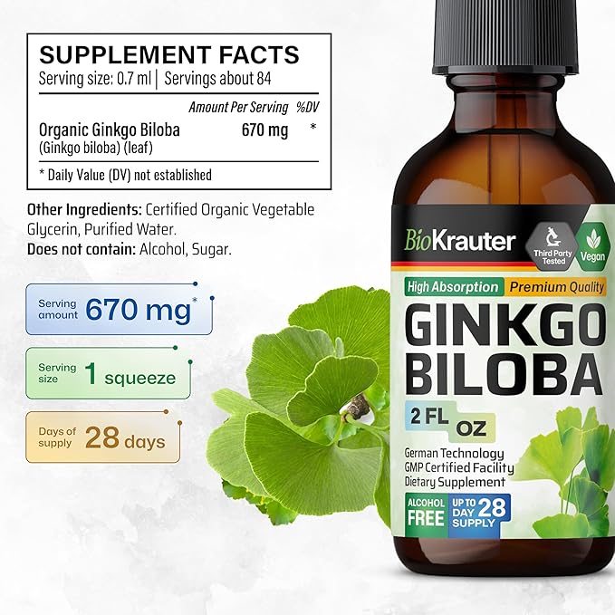 BIO KRAUTER Ginkgo Biloba Extract - Liquid Ginkgo Biloba Supplements for Brain - Vegan, Alcohol & Sugar Free - 2 Fl Oz