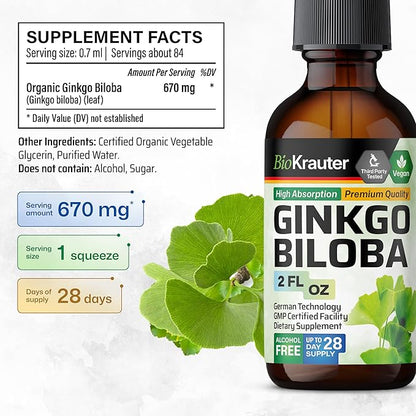 BIO KRAUTER Ginkgo Biloba Extract - Liquid Ginkgo Biloba Supplements for Brain - Vegan, Alcohol & Sugar Free - 2 Fl Oz
