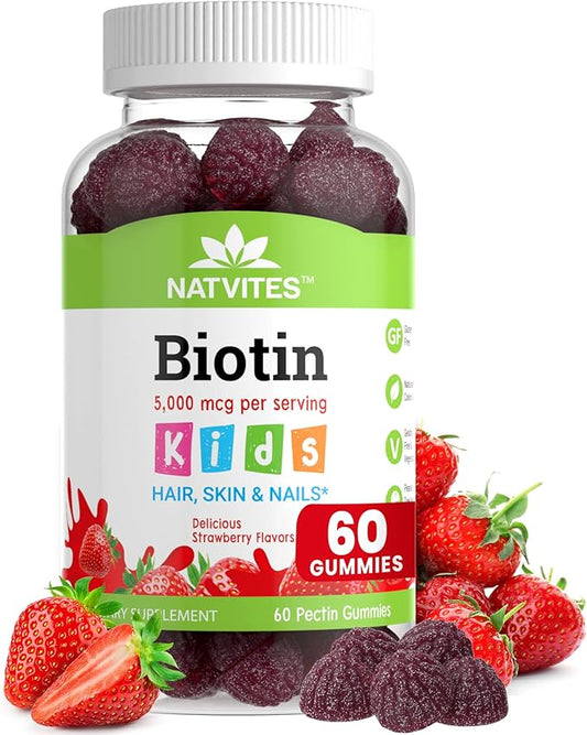 Kids Biotin Gummies for Hair Growth Support - Biotin 5000mcg Kids Hair Skin & Nails Gummies for Boys and Girls - Vegetarian Gluten Free Vitamin B7 - Hair Nails & Skin Vitamins (60 Count)