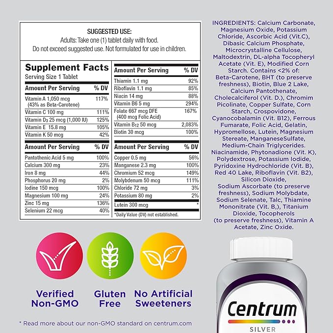 Centrum Silver Women's Multivitamin for Women 50 Plus, Multivitamin/Multimineral Supplement with Vitamin D3, B Vitamins, Non-GMO Ingredients, Supports memory and cognition in older adults - 65 Ct