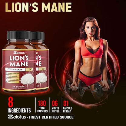 Zolotus 2 Packs 90 Capsules Lions Mane Mushroom Supplement, 6 Month Supply with Cordeyceps, Reishi, Ashwagandha, Focus, Memory and Brain Support Supplement, Immune Support, Energy Pills