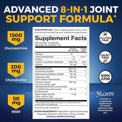 Glucosamine Chondroitin MSM Joint Support Supplement, 90 Capsules - with Turmeric, Black Pepper, Boswellia and Hyaluronic Acid - Joint Health Supplement for Mobility, Flexibility and Comfort