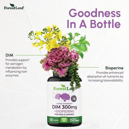 DIM Estrogen Supplement for Women & Men - 300mg DIM Supplement for Women/Men - Diindolylmethane with BioPerine Black Pepper - Support for Metabolism, Hormone Balance, Menopause - 90 Capsules