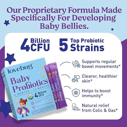 Lovebug Award Winning USDA Organic Probiotic for Babies | Multi-Strain 4 Billion CFU | Easy-to-Take Powder | Sugar Free | Ages 6-12 Months | 30 Packets