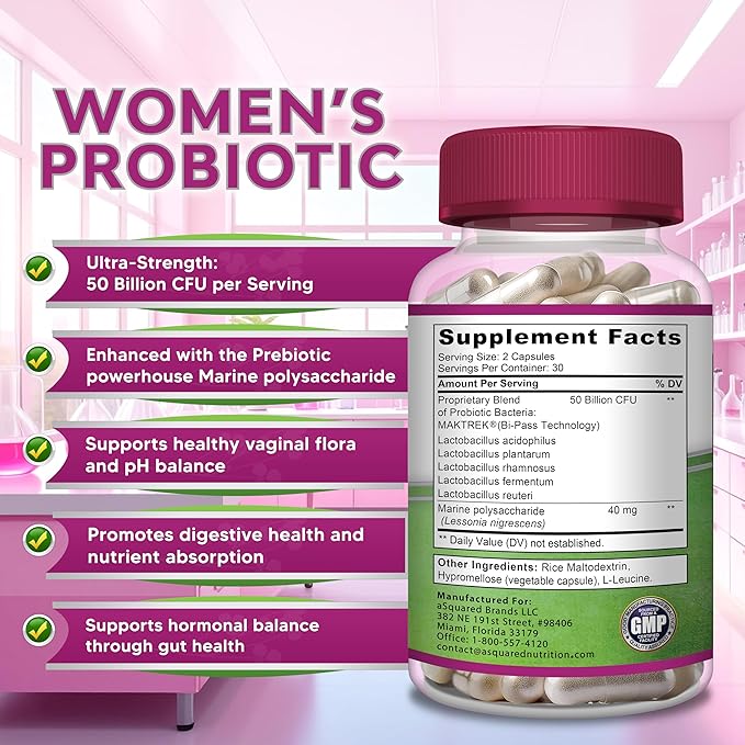 aSquared Nutrition Probiotics for Women - 50 Billion CFU Women's Probiotic Supports Digestive, Gut, Vaginal & Urinary Tract Health - Prebiotics for Females - 60 Capsules - Alt to Gummies