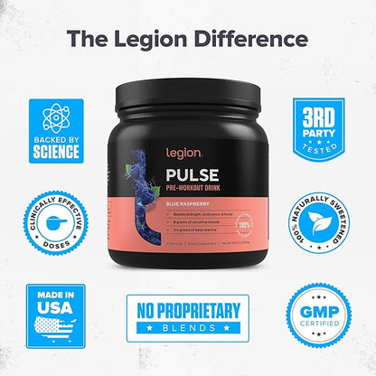 LEGION Pulse Pre Workout - All Natural Nitric Oxide Preworkout Drink to Boost Energy, Creatine Free, Naturally Sweetened, Beta Alanine, Citrulline, Alpha GPC (Blue Raspberry)