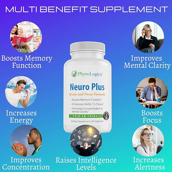 Neuro Plus Brain and Focus Formula, Full with Vitamins, Minerals and Herb Extracts, Boosts Memory Function and Ability to Focus, Improves Mental Clarity, 60 Capsules