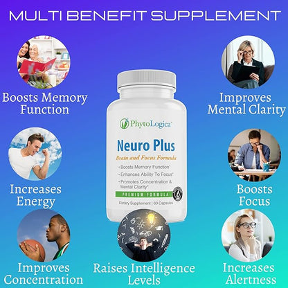Neuro Plus Brain and Focus Formula, Full with Vitamins, Minerals and Herb Extracts, Boosts Memory Function and Ability to Focus, Improves Mental Clarity, 60 Capsules