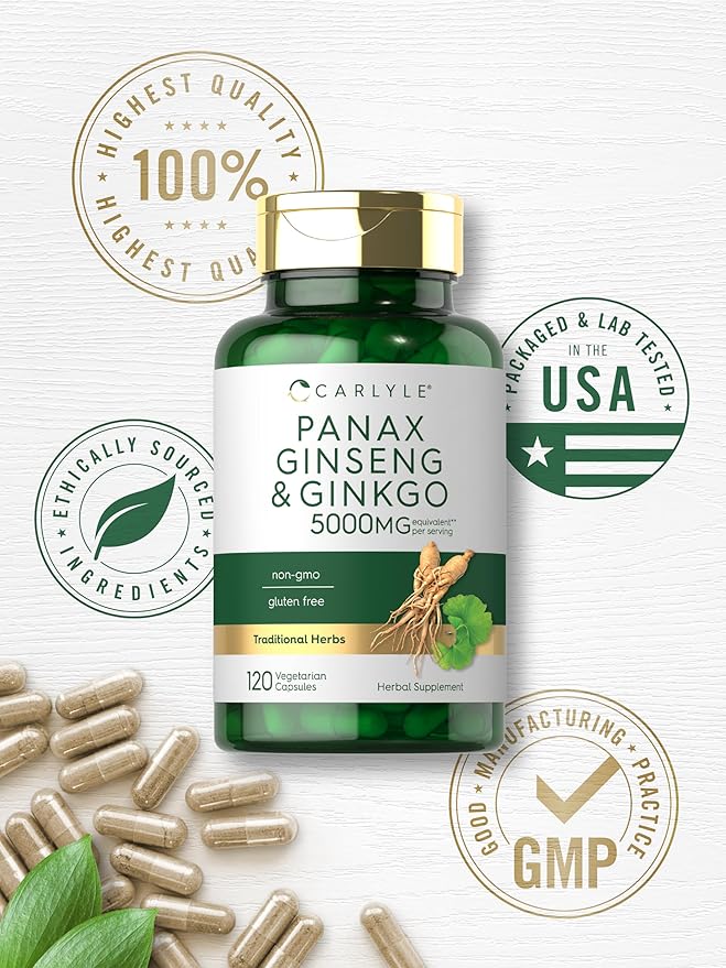 Carlyle Panax Ginseng & Ginkgo 5000mg | 120 Vegetarian Capsules | Non-GMO & Gluten Free Supplement