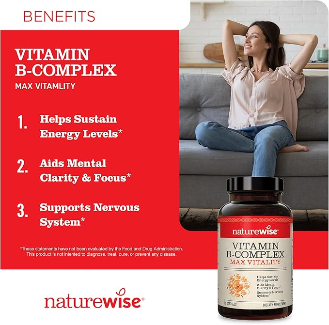 NatureWise Vitamin B12 1,000 mcg and Vitamin B Complex for Cellular Energy, Mental Clarity, Maximum Vitality - 60 Softgels Each