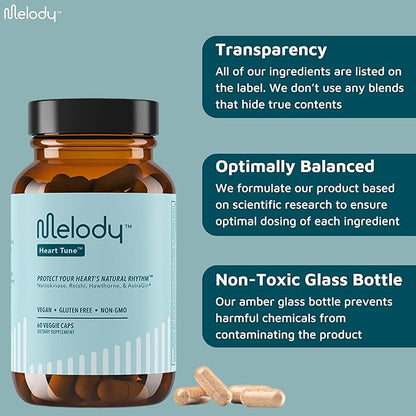 Melody Heart Health Supplements for Men & Women – Heart Tune Circulation, Blood Pressure, & Cardiovascular Health Support Supplement with Reishi, Hawthorn, Nattokinase & AstraGin, 60 Caps, 1 Pack