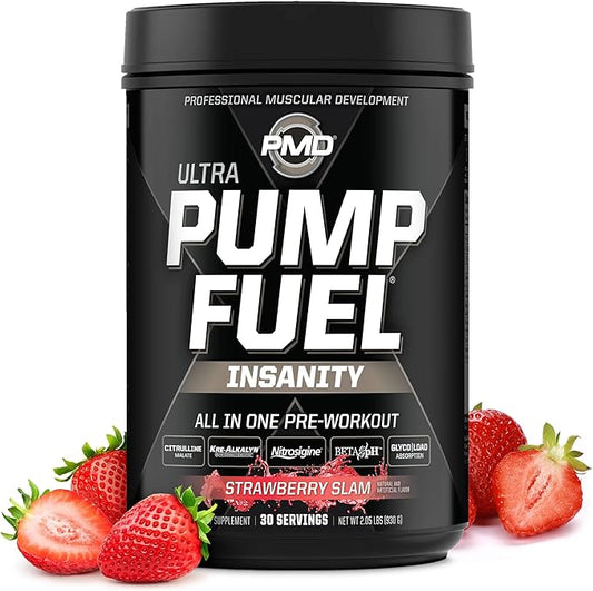 PMD Sports Ultra Pump Fuel Insanity - Pre Workout Drink Mix for Energy, Strength, Endurance, Recovery - Complex Carbohydrates and Amino Energy - Strawberry Slam (30 Servings)