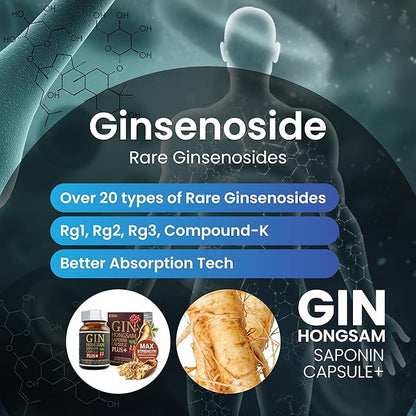Korean Red Ginseng [Gin HONGSAM] 60 Capsules - Premium Anti Aging Supplements - Boost Energy | Immune | Memory for Women and Men 100% Red Ginseng