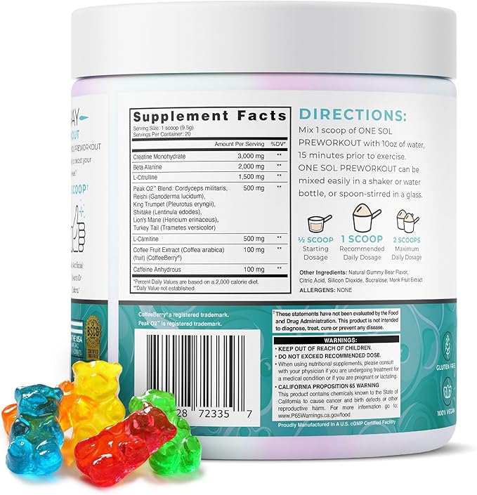 One Sol Pre-Workout for Women, Enhanced Pump & Focus, No Jitters Or Crash, Natural Ingredients, 100% Vegan, Gluten Free & Soy Free, (Gummy Bear)