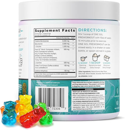 One Sol Pre-Workout for Women, Enhanced Pump & Focus, No Jitters Or Crash, Natural Ingredients, 100% Vegan, Gluten Free & Soy Free, (Gummy Bear)
