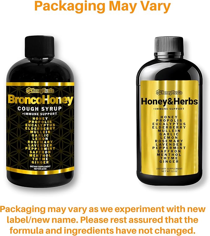 HoneyPlusCo | Honey&Herbs - Natural Honey Cough & Cold Relief +Immune Support - BroncoHoney (Reinforced with Propolis, Garlic, Lemon, Mint, Eucalyptus & More for Cough, Cold, Allergy) - 12 Oz