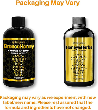 HoneyPlusCo | Honey&Herbs - Natural Honey Cough & Cold Relief +Immune Support - BroncoHoney (Reinforced with Propolis, Garlic, Lemon, Mint, Eucalyptus & More for Cough, Cold, Allergy) - 12 Oz