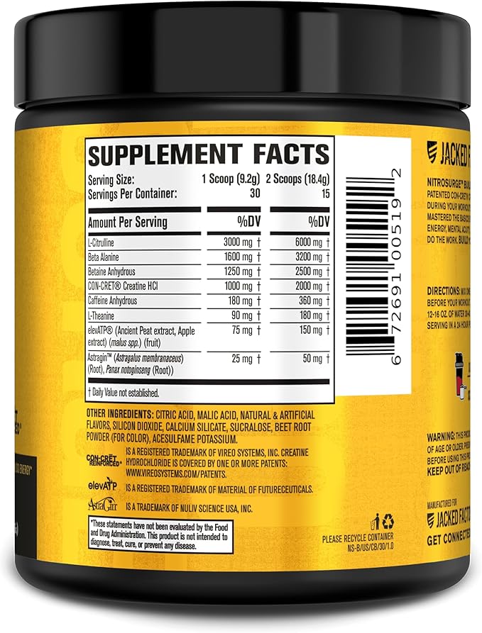 Jacked Factory Nitrosurge Build Pre Workout with Creatine for Muscle Building - Con Cret Creatine Powder & elevATP for Intense Energy, Powerful Pump, & Endless Endurance - 30 Servings, Cherry Bomb