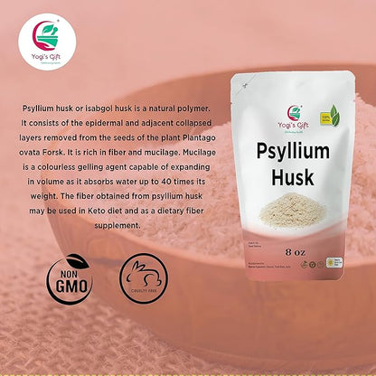 Psyllium Husk Whole 8 oz | 98% Purity | Soluble Fiber Supplement | Keto Friendly | Use in Smoothies, Cooking and Baking | Unflavored, Fine Ground, 100% Natural, Non GMO | by Yogi's Gift®