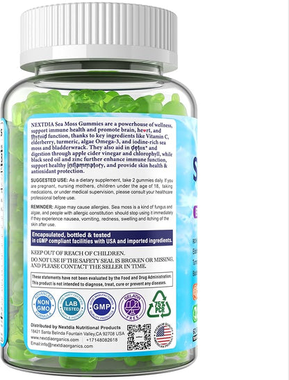 Sea Moss Gummies + Omega-3 (Made in USA) Vegan for Man Women, Organic Irish Seamoss Supplement w/Ashwagandha, Turmeric, Vitamins D3 B12 C, Burdock Root, Bladderwrack, for Brain, Energy, Immunty, 60Cts