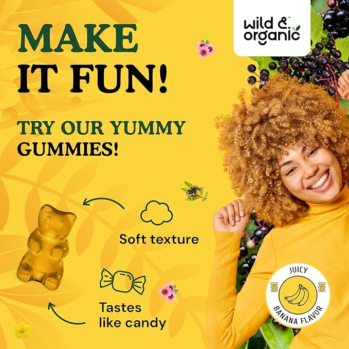 Wild & Organic Immune Support Gummies - Elderberry 1000mg & Vitamin C 500mg - Natural Immune Support Supplement - Vegan Immunity Gummies with Vitamin C D Zinc - 60 Count