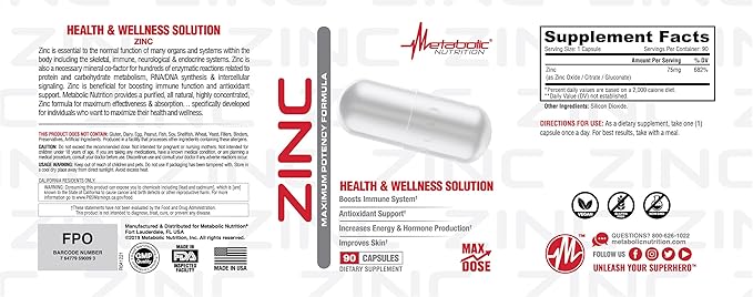 Zinc Supplement by Metabolic Nutrition, 75mg, 90 Zinc Capsules, Supports Immune System Function w/Zinc Oxide