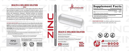 Zinc Supplement by Metabolic Nutrition, 75mg, 90 Zinc Capsules, Supports Immune System Function w/Zinc Oxide